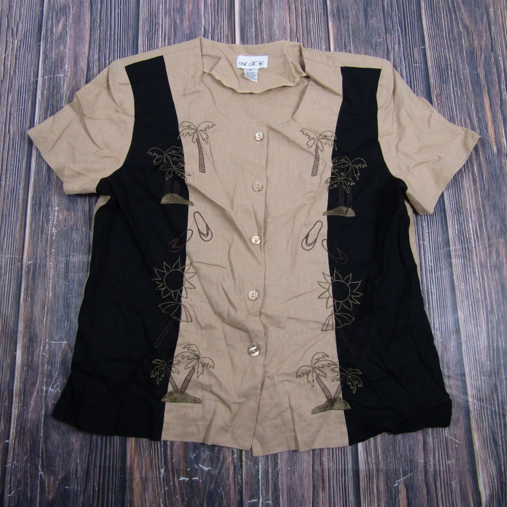 A.K.C. Button Up Top Women XL Tan Black Linen Blend Tropical Palm Tree Blouse